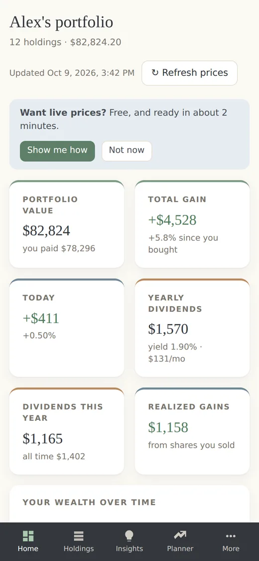 StockCompass on a phone - dashboard