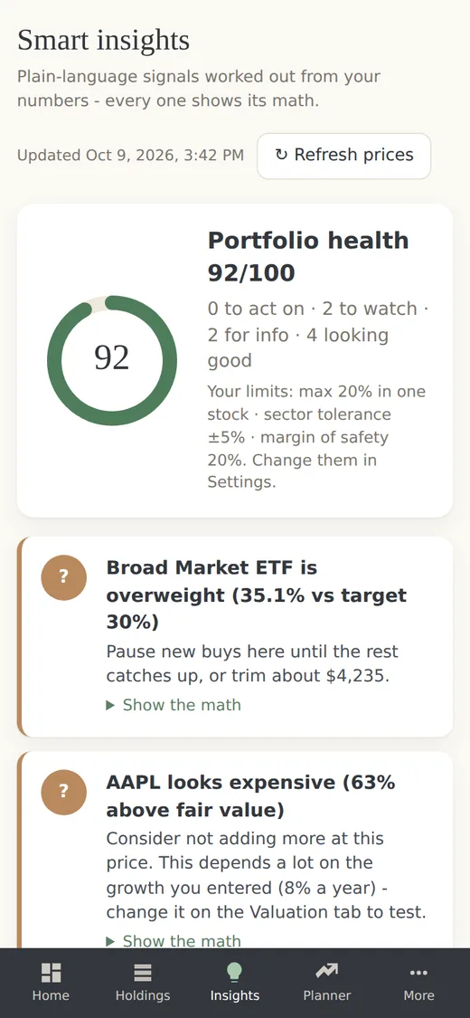StockCompass on a phone - insights